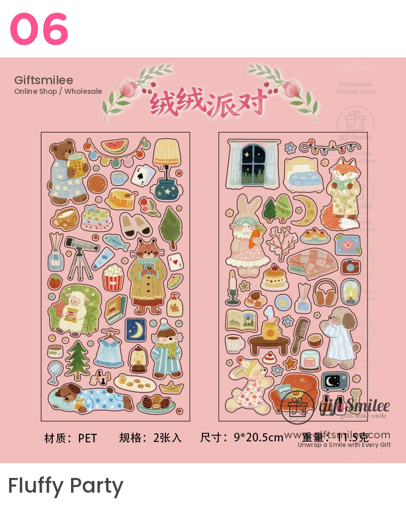 Pastel animalthemed PET stickers featuring cozy bears bunnies foxes and decorative objects like lamps and books