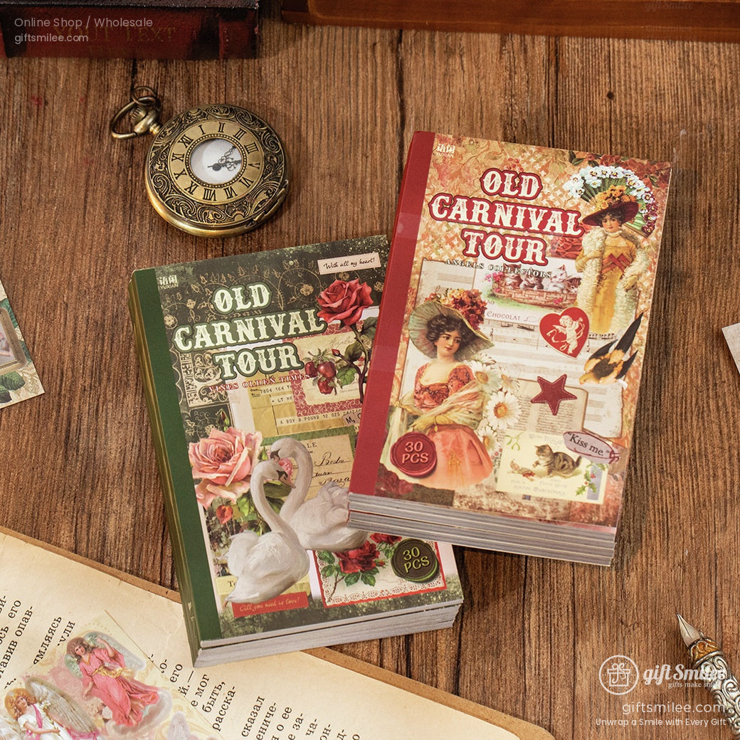 Vintagestyle Old Carnival Tour scrapbook pad with colorful illustrations retro designs and decorative accents