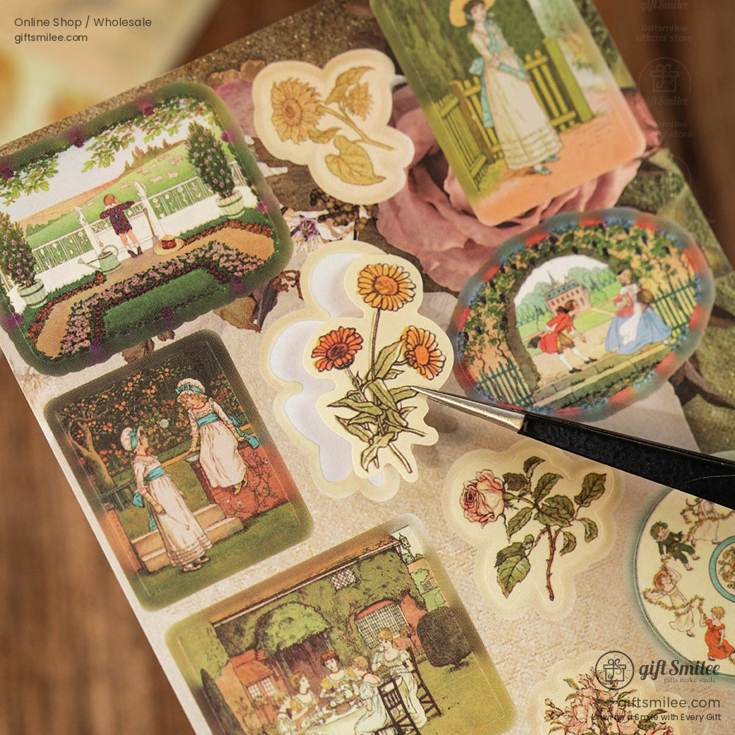 Vintagethemed stickers with floral designs garden scenes and Victorianstyle illustrations in soft pastel shades