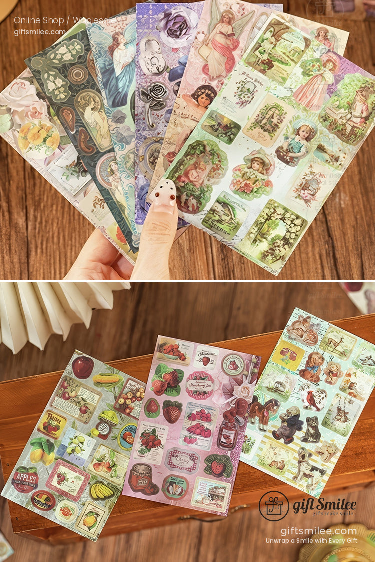 Assorted vintagethemed stickers with pastel colors intricate illustrations of flowers portraits and nature scenes