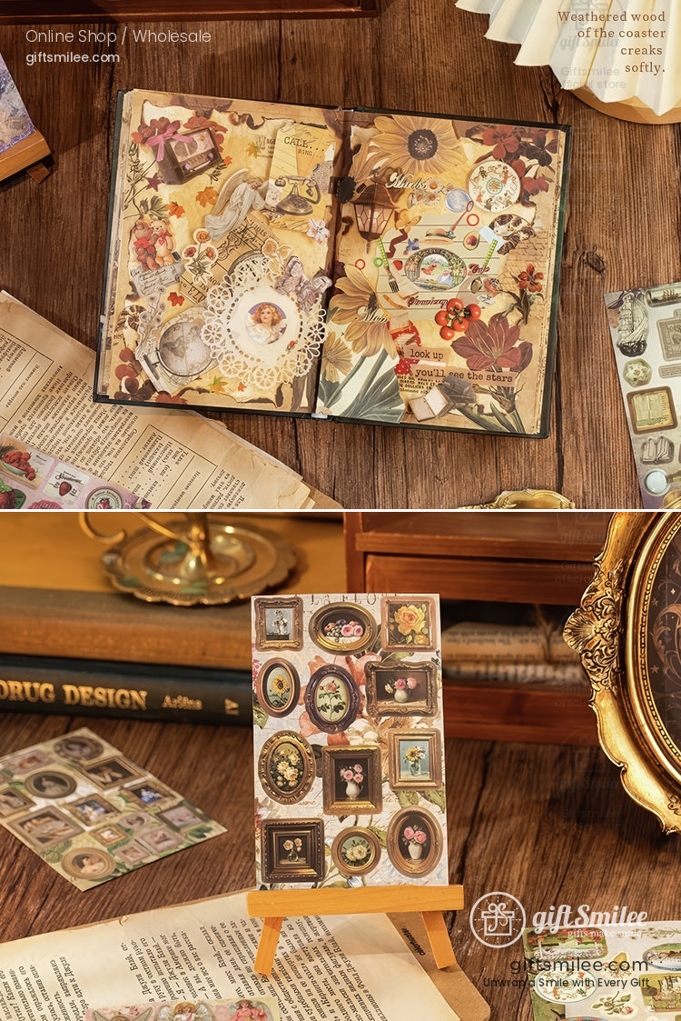 Vintagestyle scrapbook pages with decorative floral stickers ornate frames and antiqueinspired accents on wood desk