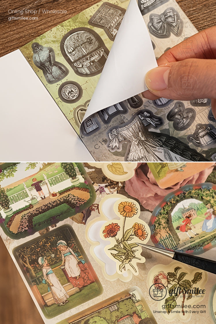 Vintageinspired decorative stickers with floral garden and antique illustrations on glossy and matte sheets