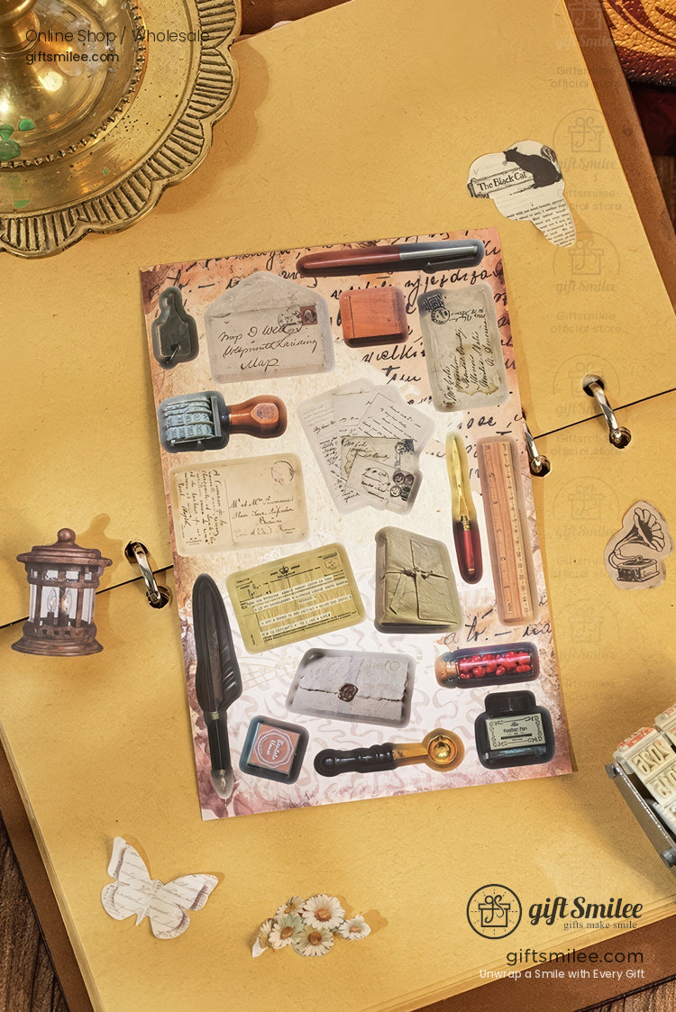 Vintagethemed sticker sheet with letters wax seals antique tools and envelopes on a beige open binder