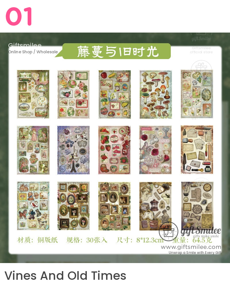 Vintagethemed sticker sheets featuring floral designs mushrooms postcards and antiquestyle illustrations