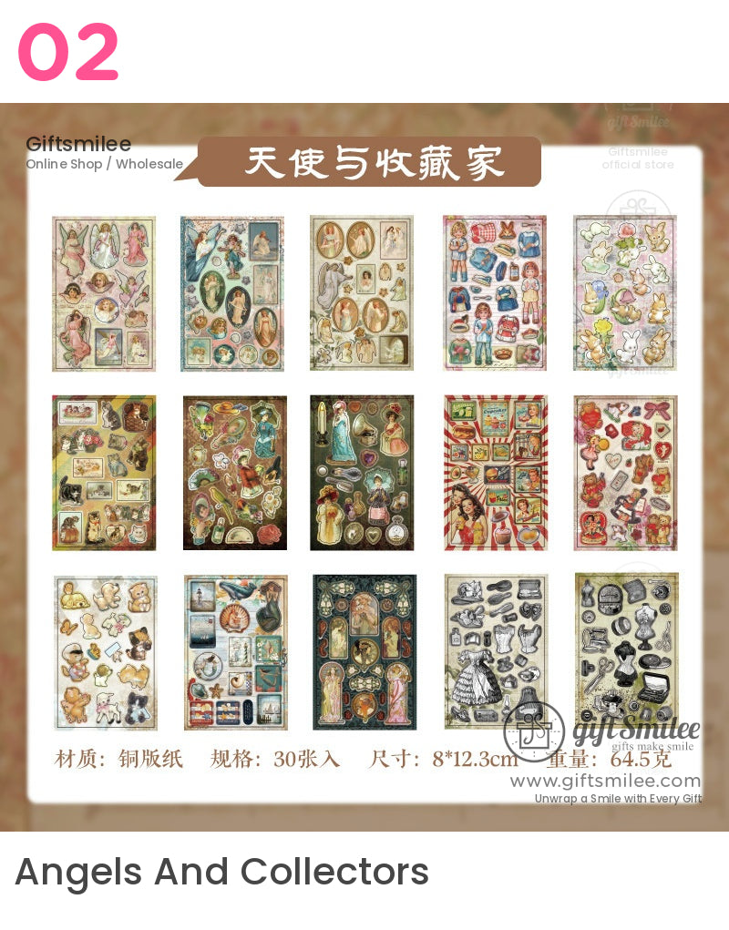 Vintageinspired sticker sheets featuring angels portraits rabbits and collectibles in pastel and earthy tones