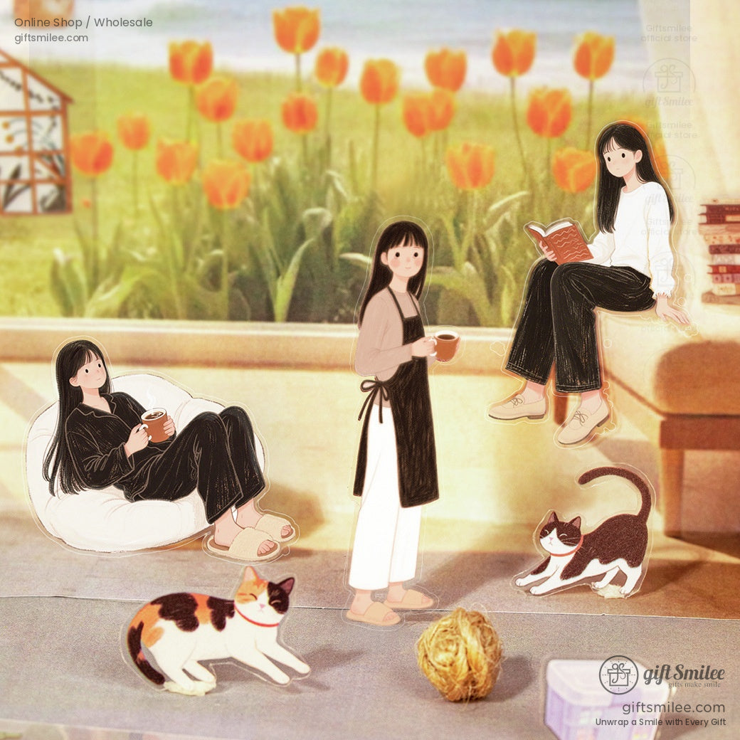 Cozy scene with illustrated women in casual outfits tulip garden backdrop lounging cats yarn ball and warm tones