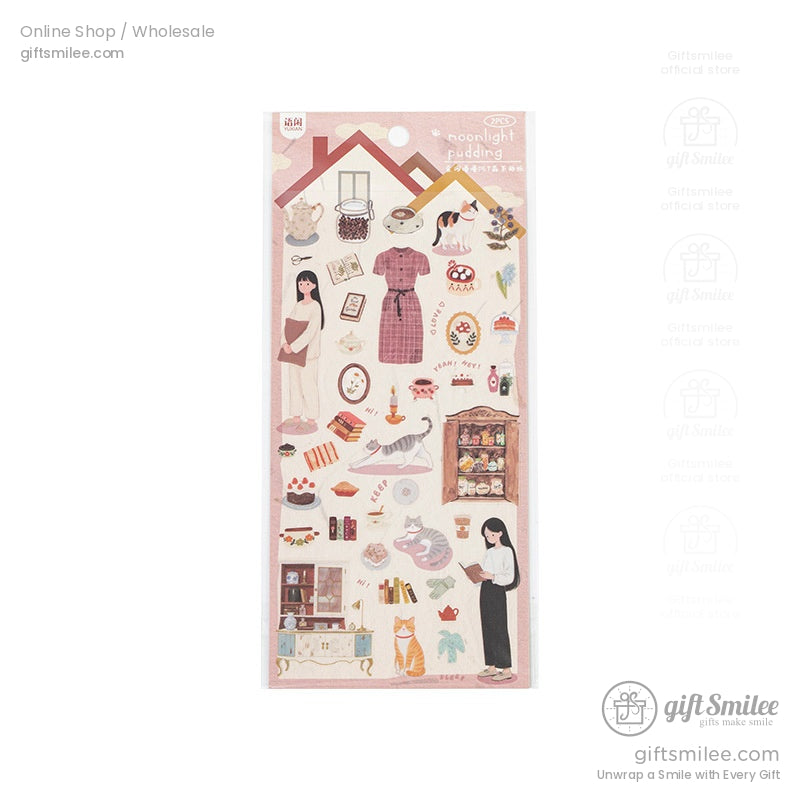Vintagestyle sticker sheet with pastel tones featuring cats books furniture desserts and a woman in red dress