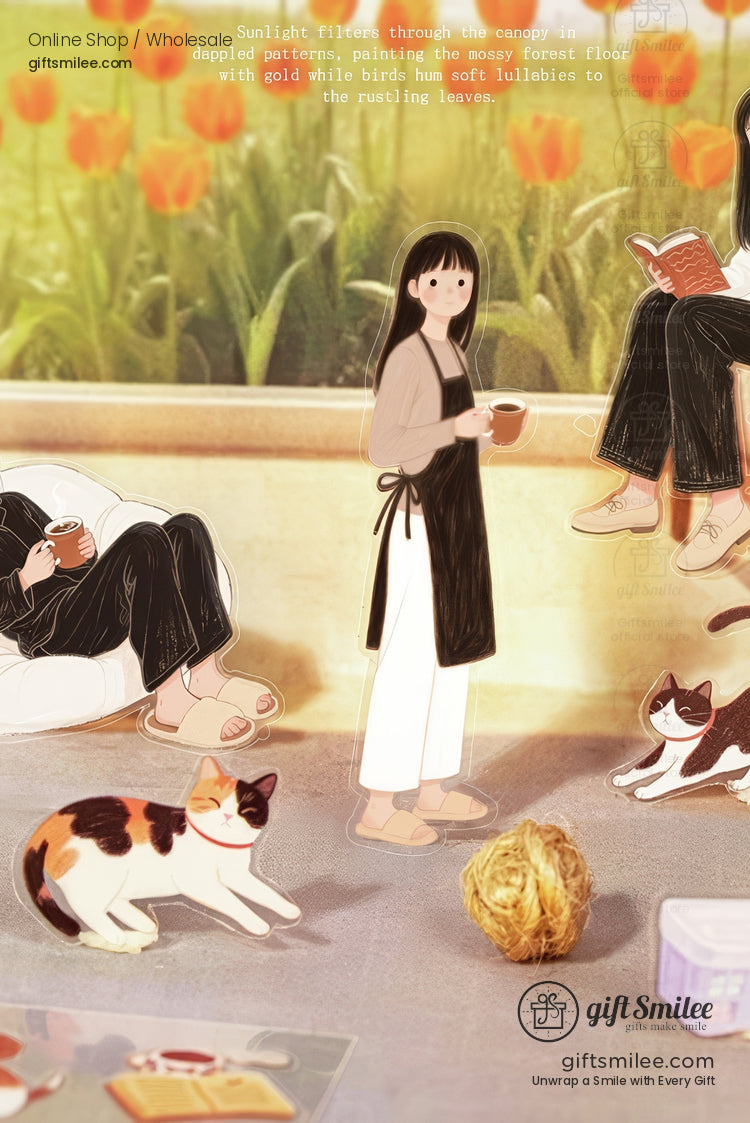 Cozy indoor scene with tulip garden view woman in apron holding mug lounging figures playful cats and yarn ball