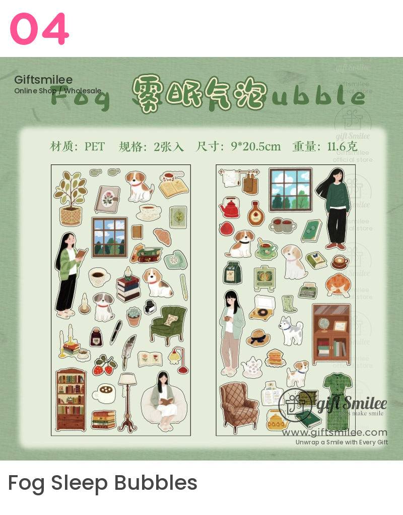 Whimsical greentoned sticker sheet with cozy icons like books armchairs teapots windows and playful pets