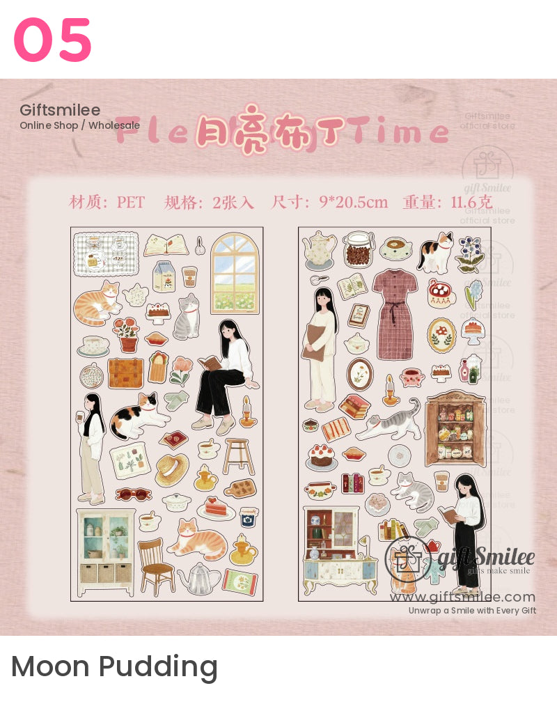 Pasteltoned PET sticker sheets with cozy homethemed illustrations including cats books furniture and tea sets