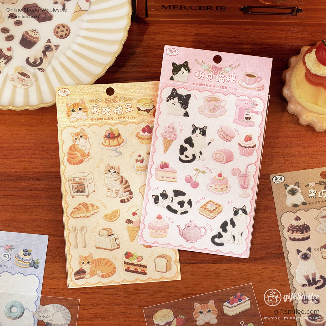 Cute transparent sticker set with Siamese and blackandwhite cats a chocolate cupcake and playful designs