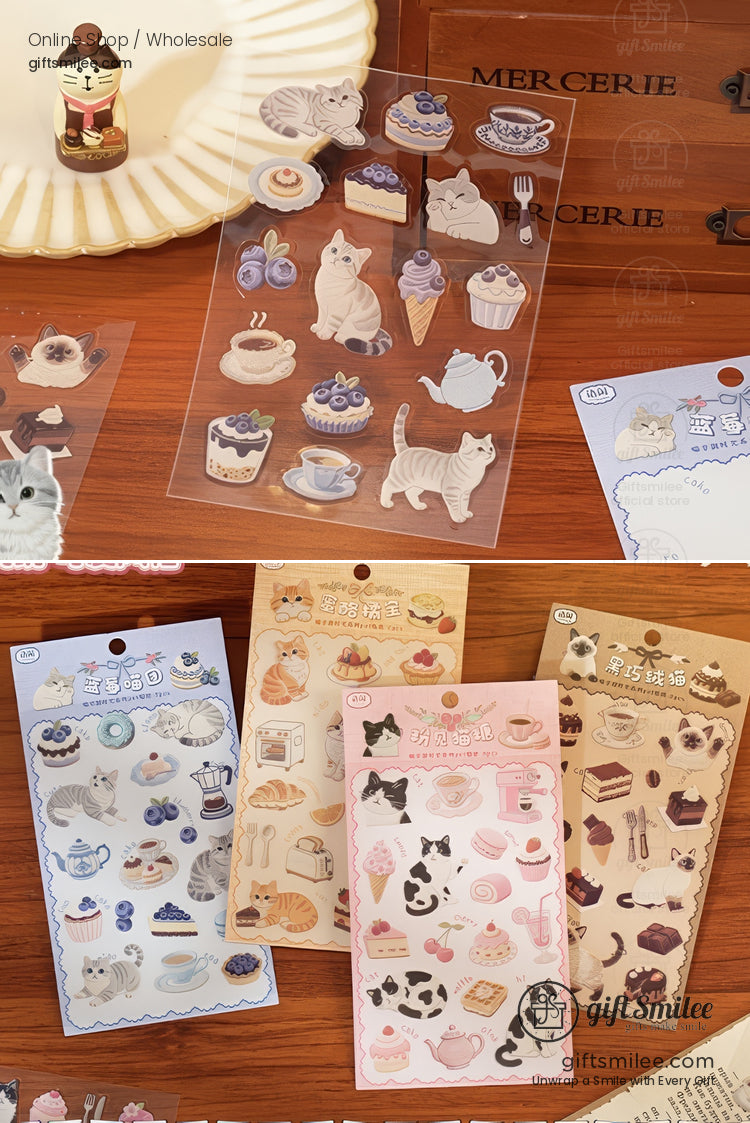 Transparent stickers with pastel cats teacups pastries and desserts in soft hues ideal for journaling