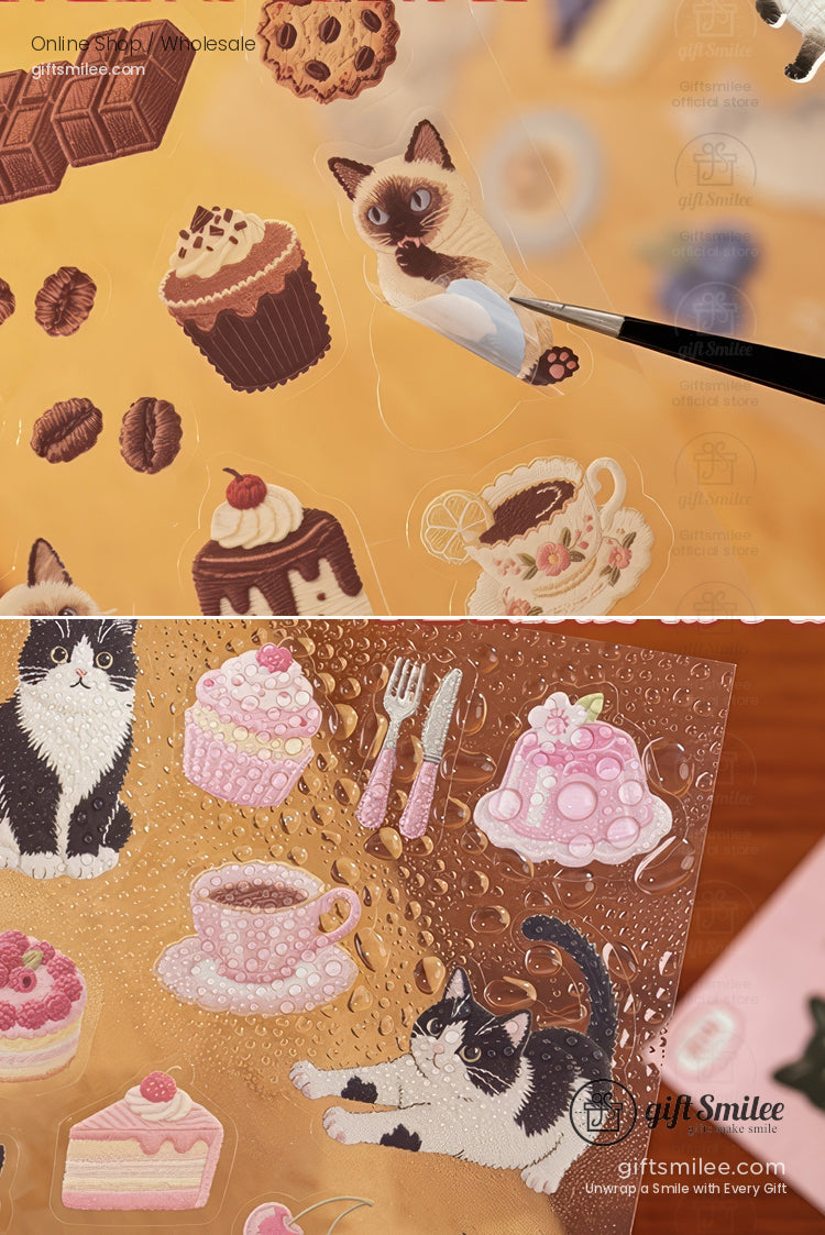 Glossy stickers of cats desserts and tea sets on a gold background featuring vibrant details and playful designs