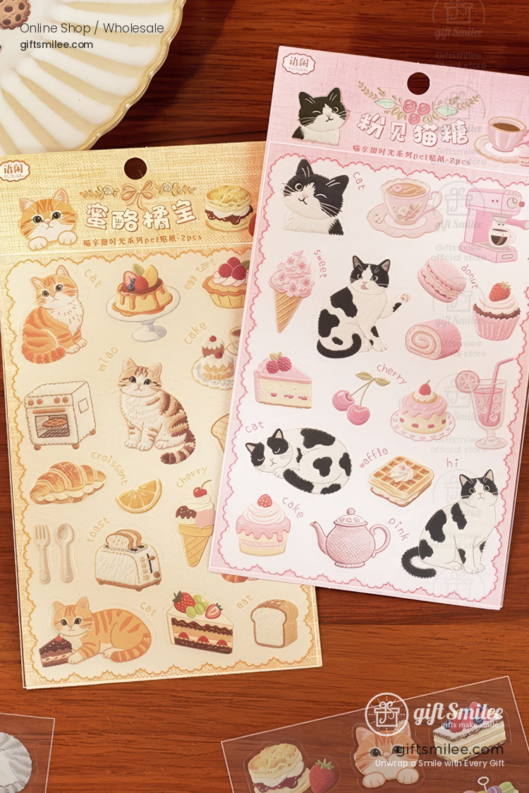 Pasteltoned sticker sheets featuring cats desserts pastries and teapots with intricate playful designs