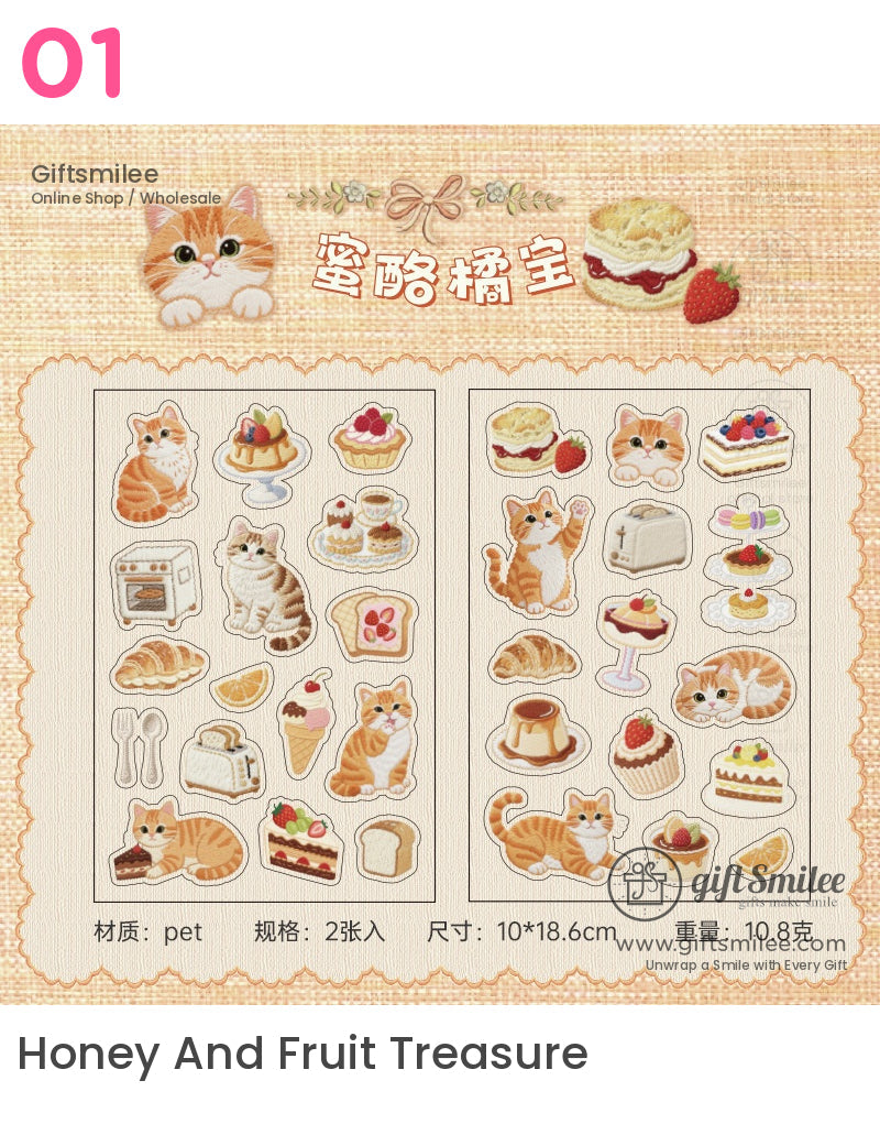 Orange tabby cat and dessertthemed stickers including cakes pastries fruits and kitchen items with a kawaii style