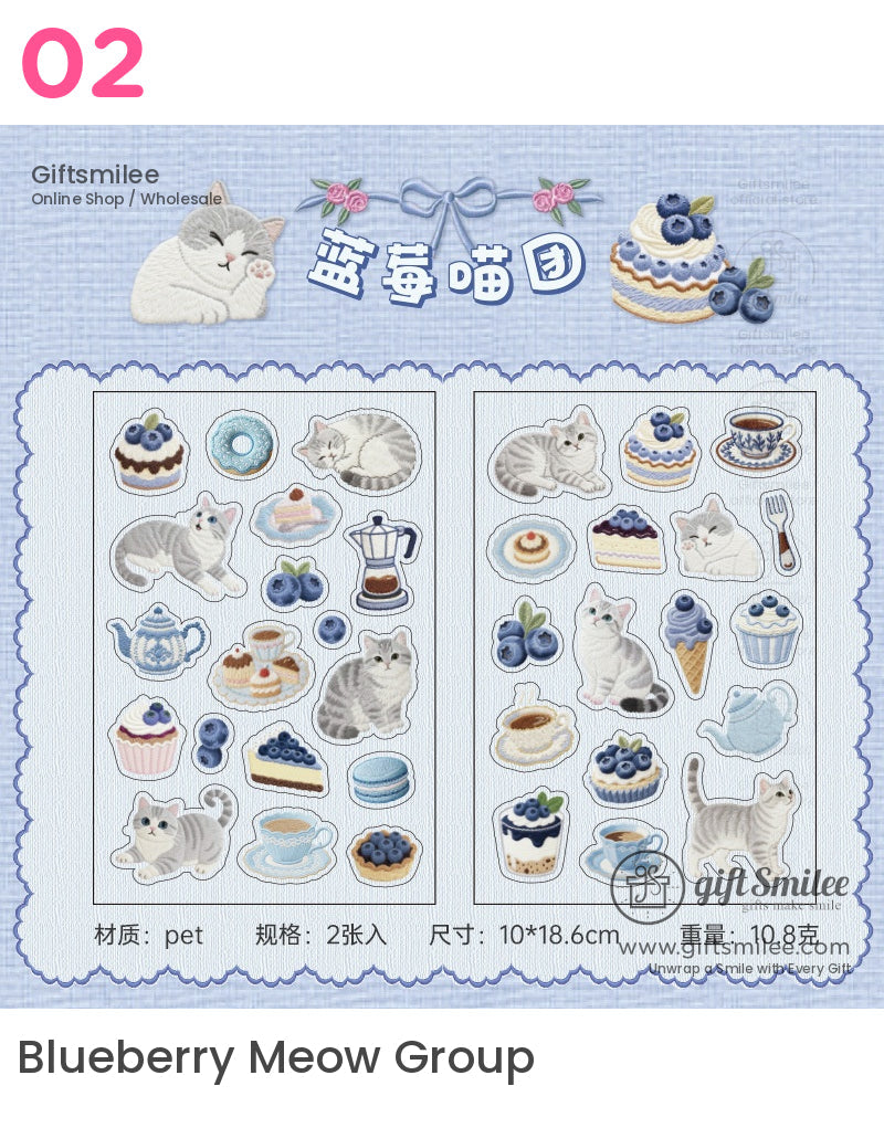 Blueberrythemed stickers with gray tabby cats pastries teapots and desserts on a textured blue background