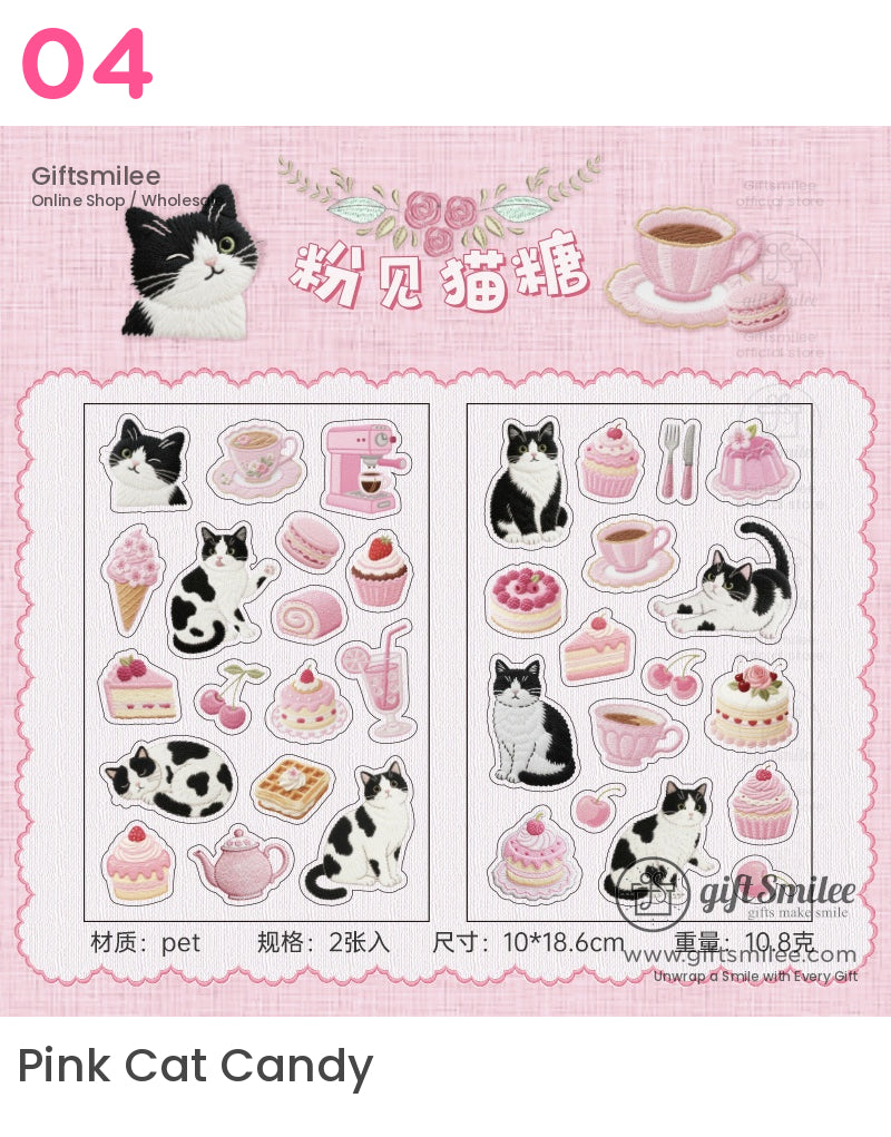 Pinkthemed sticker set with blackandwhite cats desserts tea cups macarons cherries and a vintage mixer design