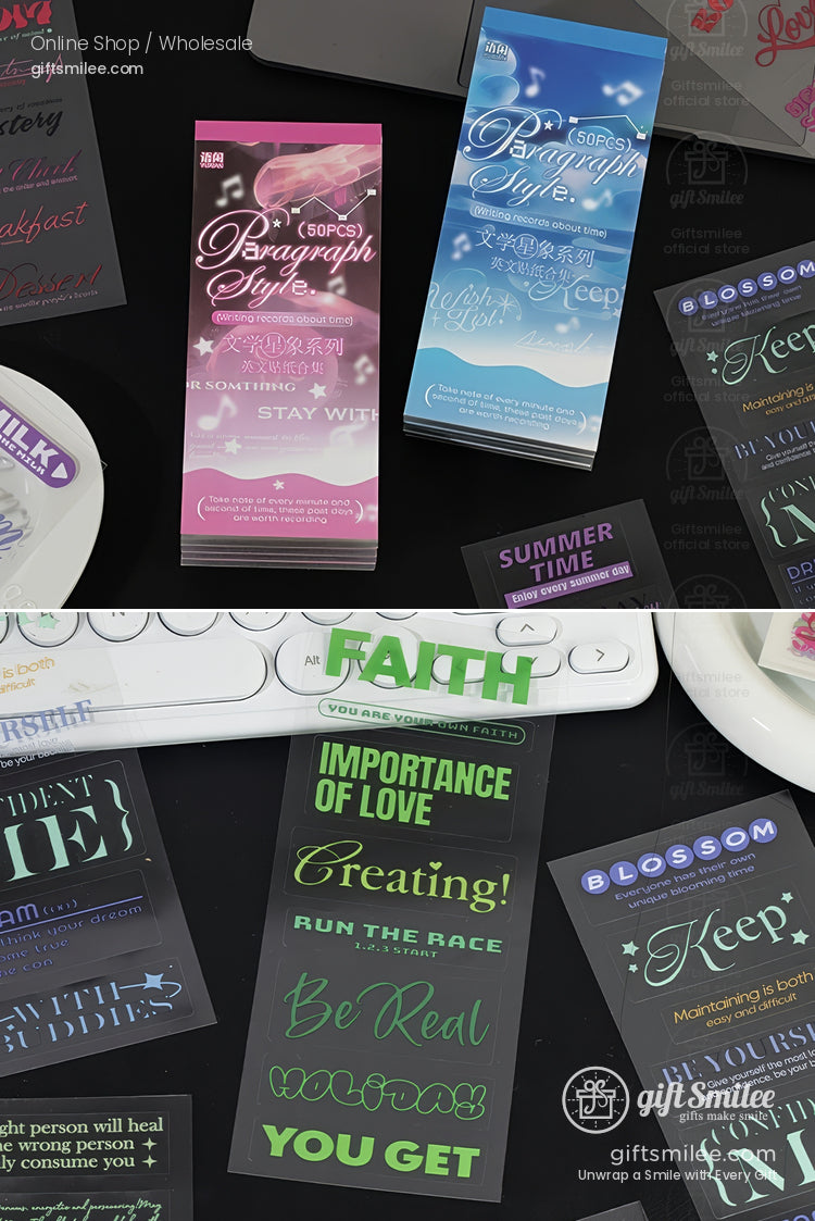 Assorted colorful transparent stickers with inspiring quotes and artistic typography perfect for planners or crafts