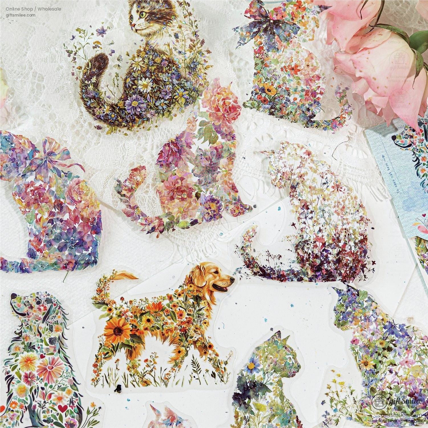 Floral animal stickers featuring vibrant cats and dogs adorned with colorful flowers set on lace with pink roses