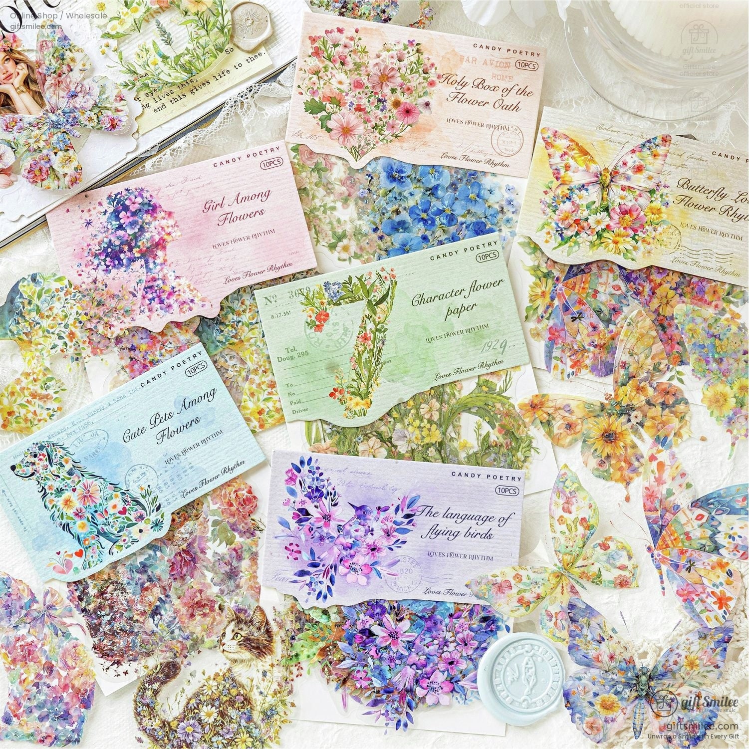 Floralthemed stationery set with pastelcolored cards botanical illustrations and butterflyshaped accents