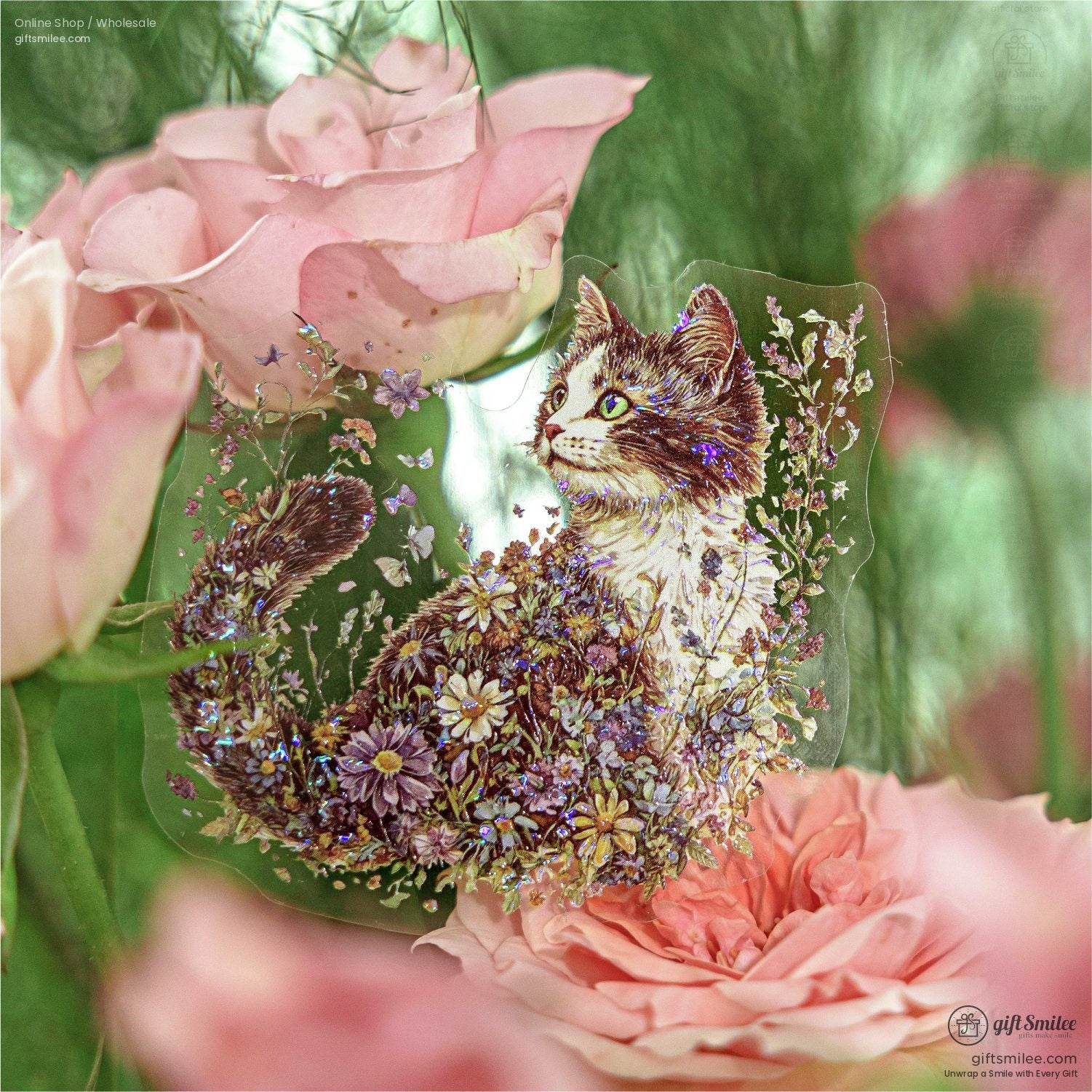 Transparent catshaped sticker adorned with glittering daisies and wildflowers set against pink roses and green foliage