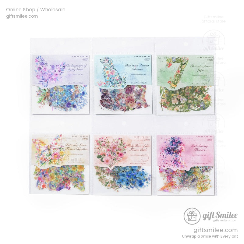 Six floralthemed sticker packs with colorful designs pastel packaging and intricate flower and butterfly motifs