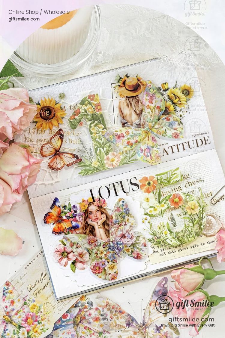 Floralthemed scrapbook pages with colorful butterfly cutouts pastel roses sunflower accents and vintagestyle designs