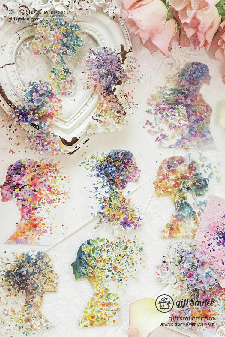 Floral silhouette stickers with vibrant multicolored designs on translucent material styled on a decorative background
