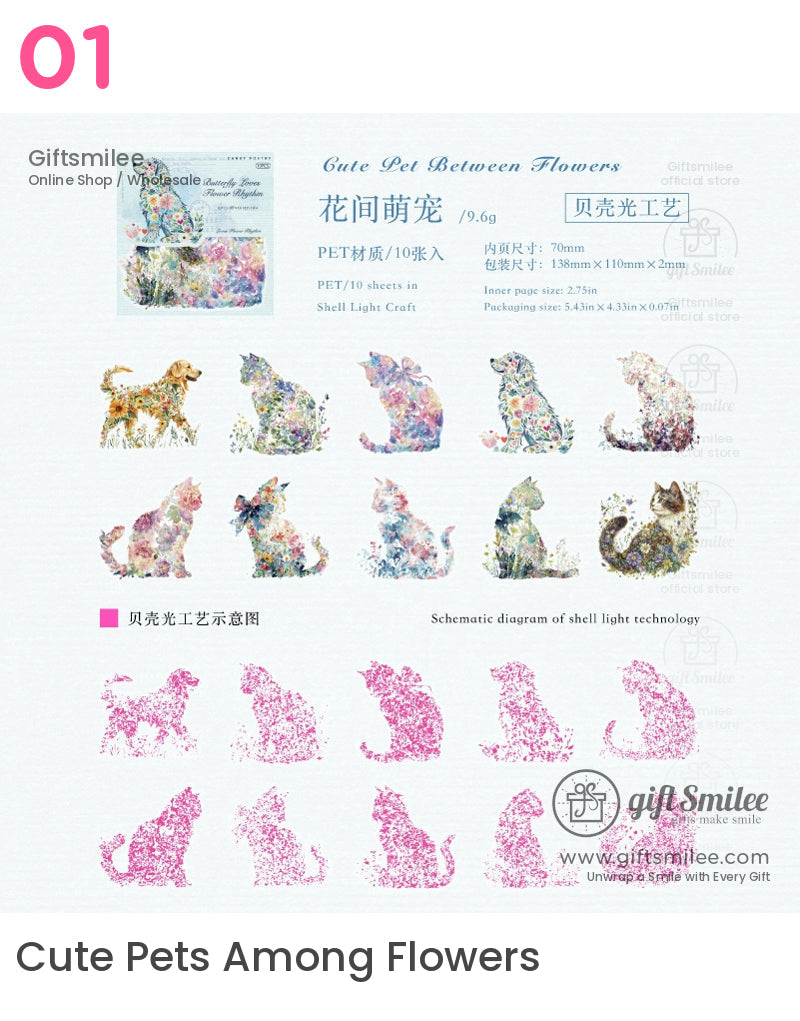 Floralpatterned pet stickers featuring colorful cats and dogs in shell light craft ideal for decorative use