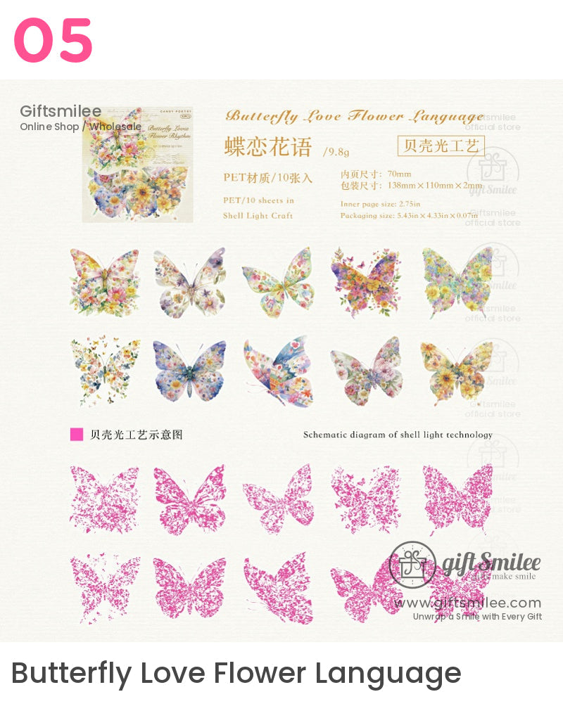 Floral butterfly stickers in vibrant shades on translucent PET material with intricate shell light craft detailing