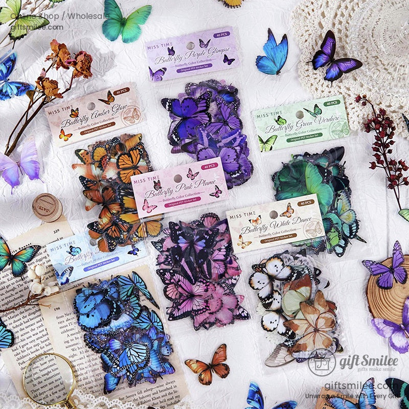 Assorted butterflythemed sticker packs in vibrant colors including purple blue green orange and white designs