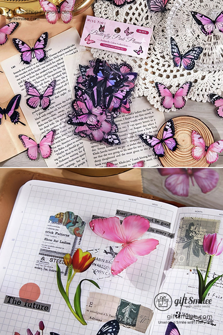 Purple butterfly stickers and pink flower decals on vintage papers ideal for scrapbooking or journal decoration