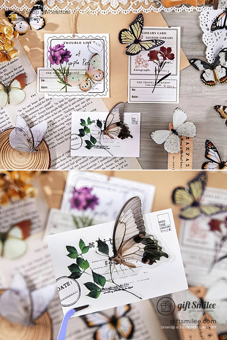 Vintage stationery with floral prints transparent butterfly accents lace details and natural wood embellishments