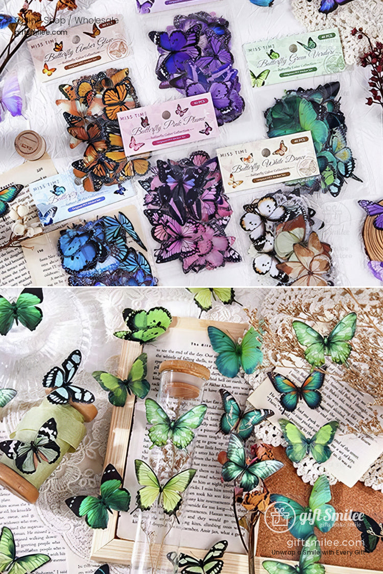 Assorted butterflythemed decorative stickers in vibrant purple blue green and orange tones perfect for crafts