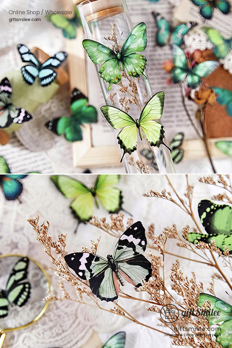 Vibrant green and black butterfly stickers on dried branches paired with delicate lace and rustic wood accents