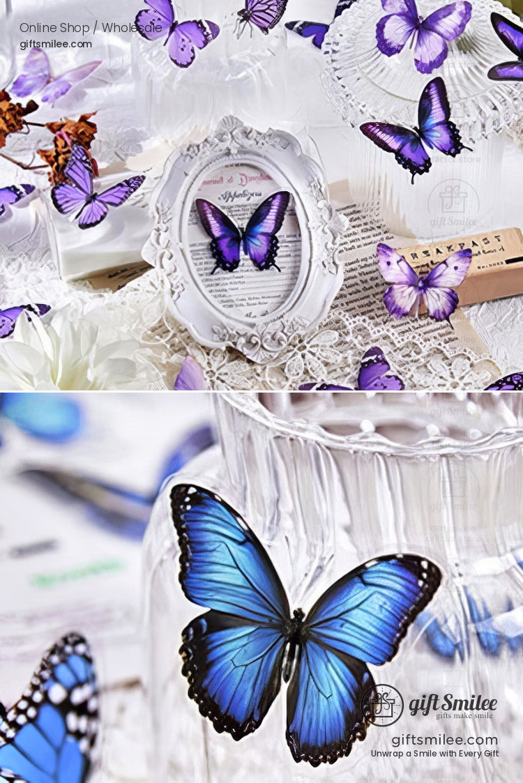 Vibrant purple and blue butterfly decals on delicate glassware and ornate white lace with a vintage photo frame