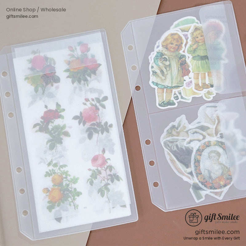 Transparent plastic binder sleeves holding vintagestyle floral stickers and retro illustrations of children and portraits