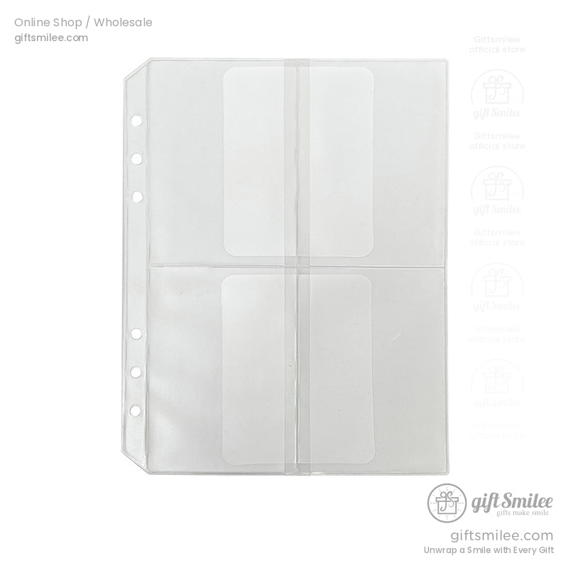 Clear plastic sheet protector with two cardsized pockets threehole punched edge durable and transparent design