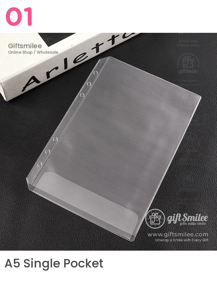 Transparent plastic document sleeve with reinforced holes glossy finish and durable material on a black surface