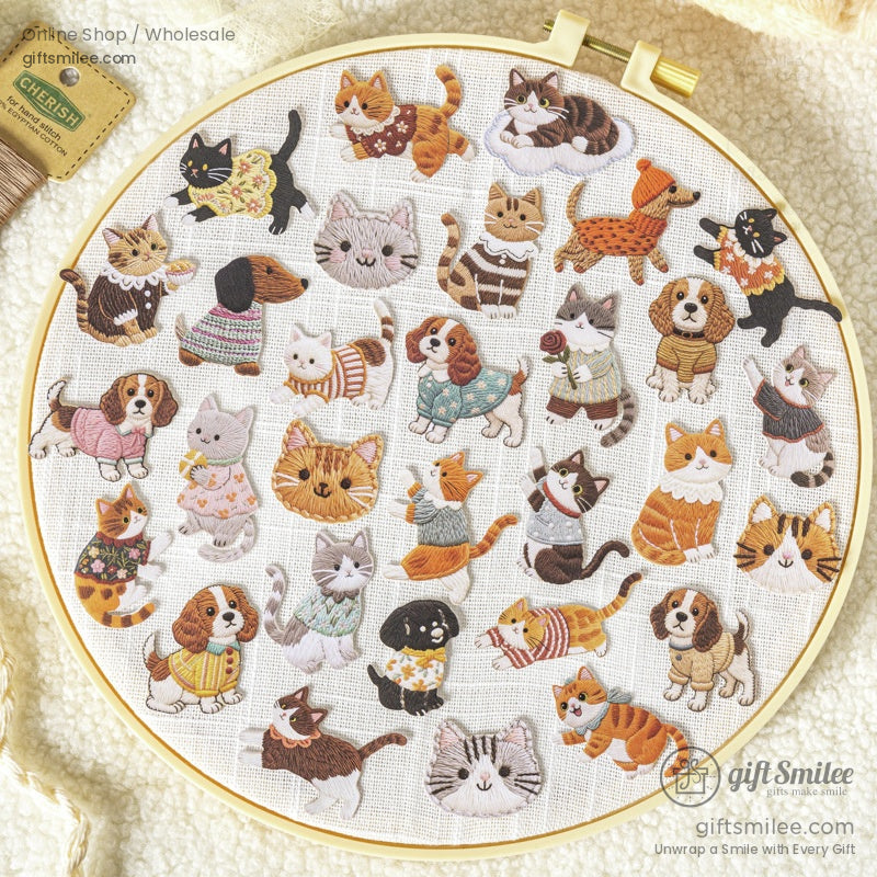 Embroidery-Textured Felt Self-Adhesive Cat Dog Motifs Sticker Set | KS-SA-4256