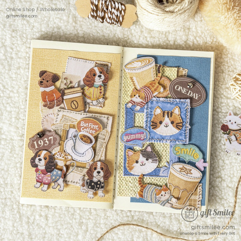 Embroidery-Textured Felt Self-Adhesive Cat Dog Motifs Sticker Set | KS-SA-4256