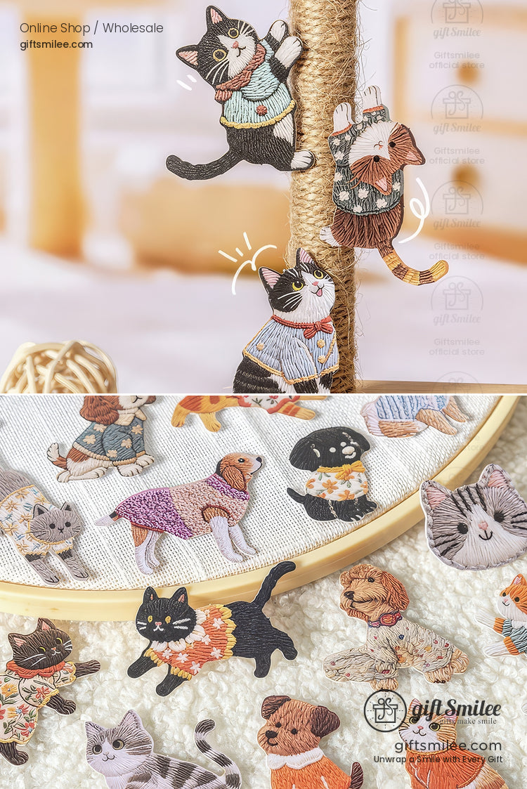 Embroidery-Textured Felt Self-Adhesive Cat Dog Motifs Sticker Set | KS-SA-4256