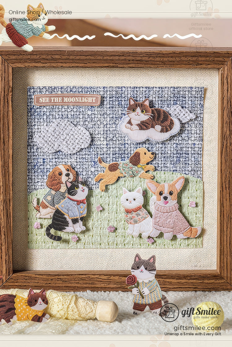 Embroidery-Textured Felt Self-Adhesive Cat Dog Motifs Sticker Set | KS-SA-4256