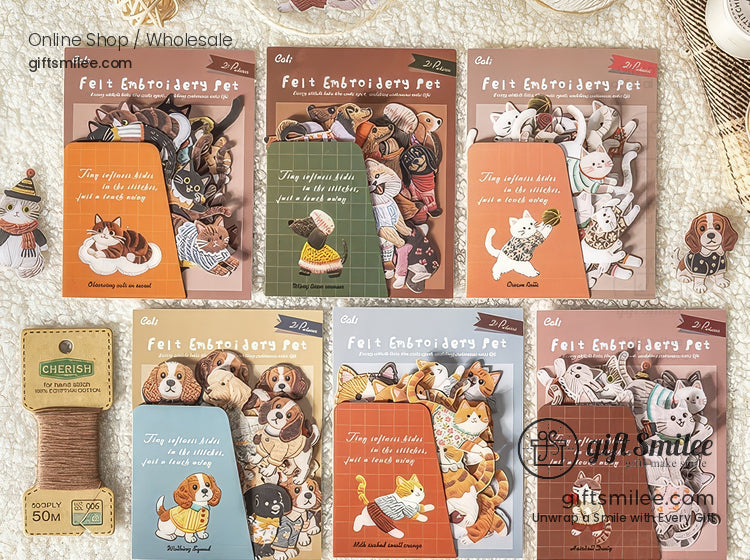 Embroidery-Textured Felt Self-Adhesive Cat Dog Motifs Sticker Set | KS-SA-4256