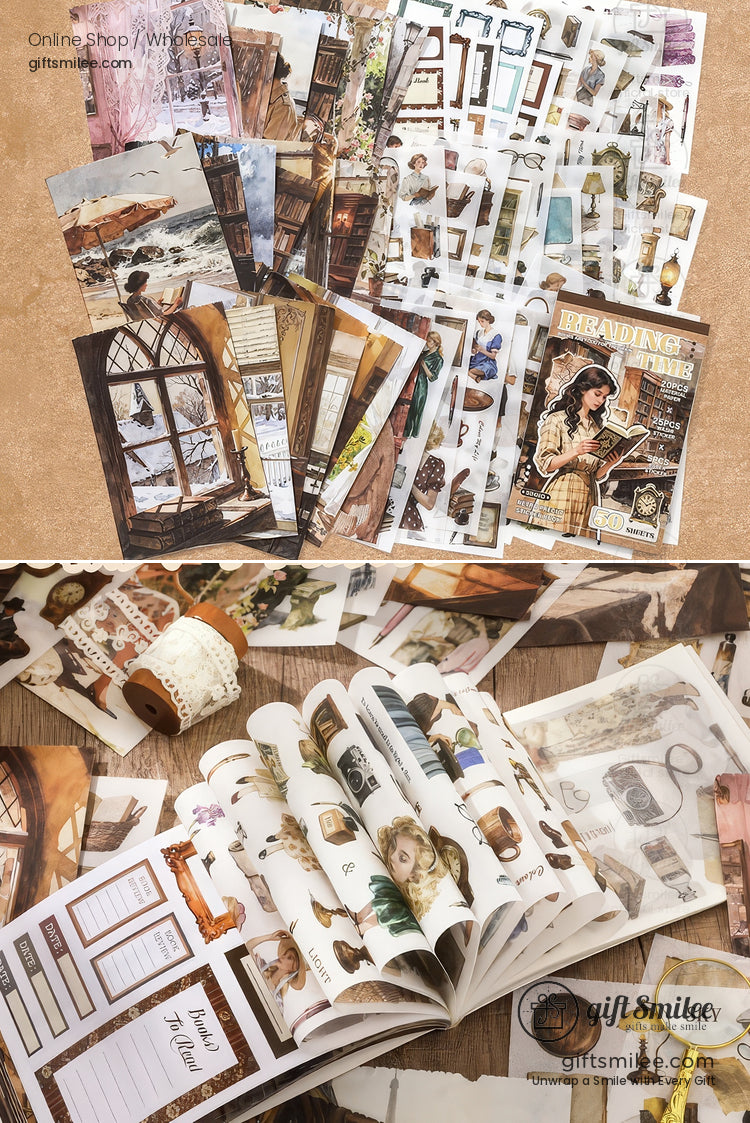 Vintage Reading Theme 50-Sheet Precut Mixed-Material Sticker Book | KS-SA-4257