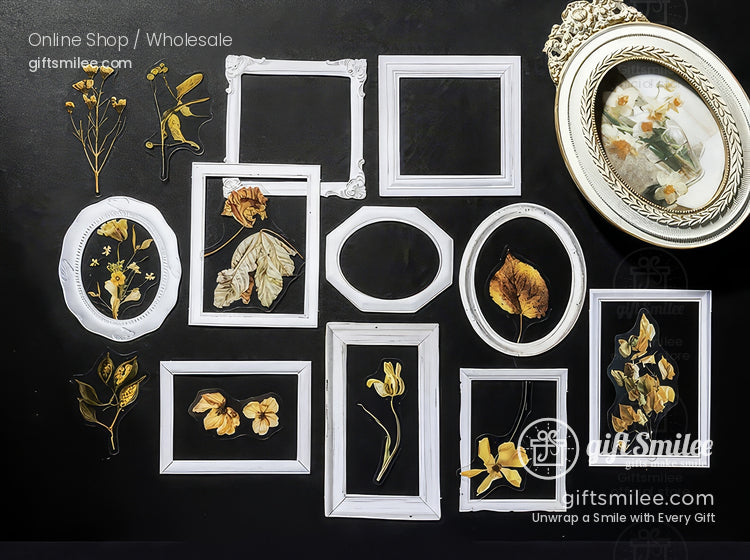 Matte Pet Transparent Overlap Vintage Frame Dried-Flower Prints Sticker Pack | KS-SA-4260