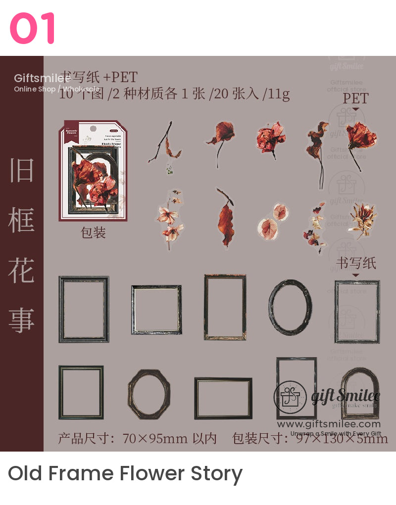 Matte Pet Transparent Overlap Vintage Frame Dried-Flower Prints Sticker Pack | KS-SA-4260