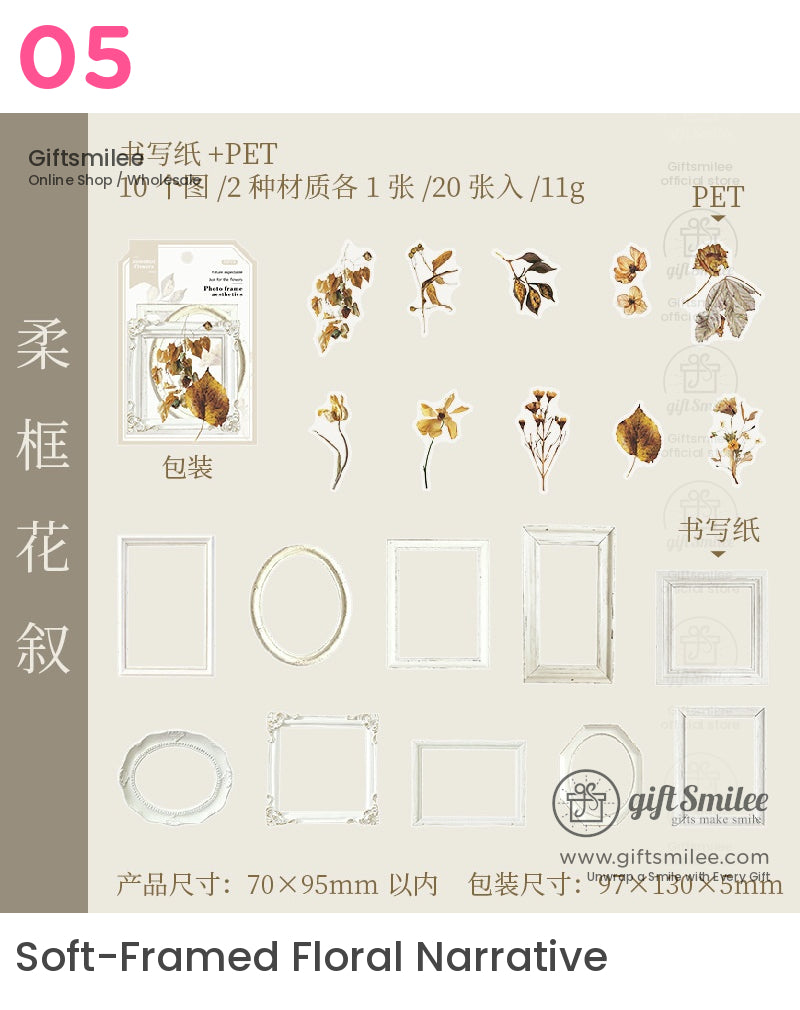 Matte Pet Transparent Overlap Vintage Frame Dried-Flower Prints Sticker Pack | KS-SA-4260