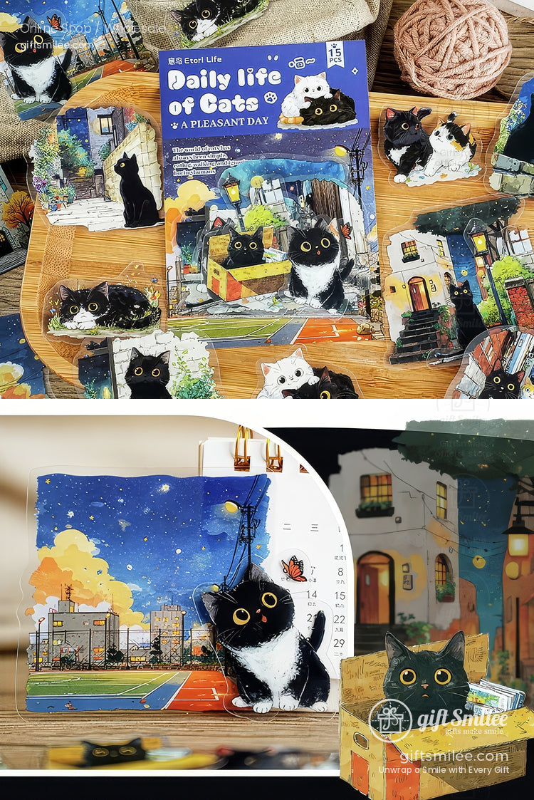 Matte Pet Die-Cut 15-Piece Cat Illustration Sticker Pack | KS-SA-4261