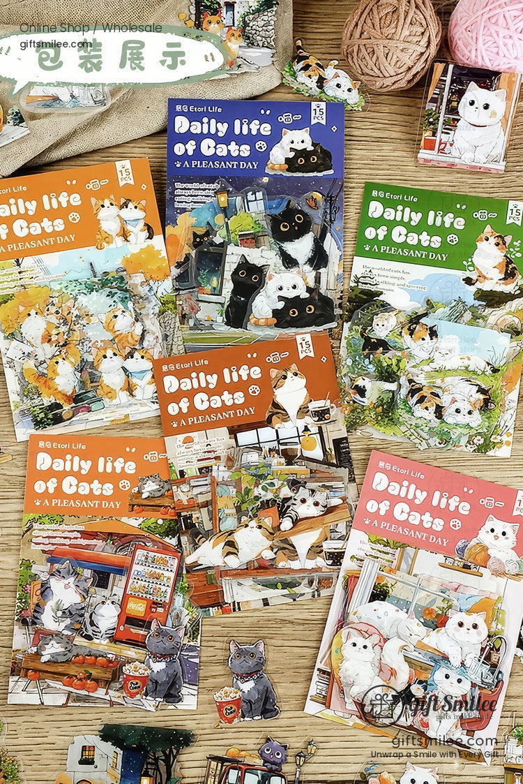 Matte Pet Die-Cut 15-Piece Cat Illustration Sticker Pack | KS-SA-4261